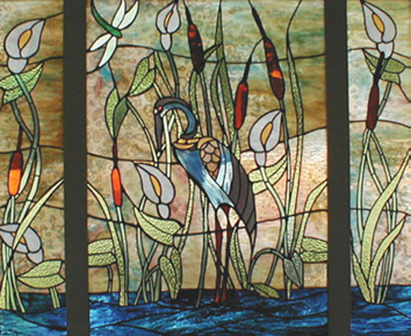 Three panel stained glass window Blue Herron